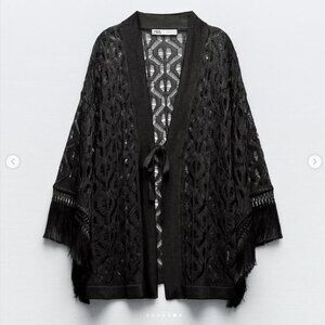 Zara Crochet Front Tie Cardigan with Fringe M